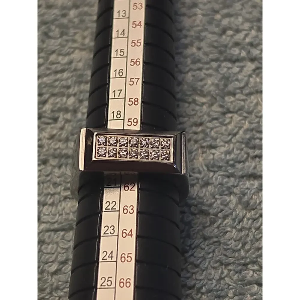 Mens Silver Tone Signet Ring Pave CZ Rectangular Clear Stone Statement Size 9